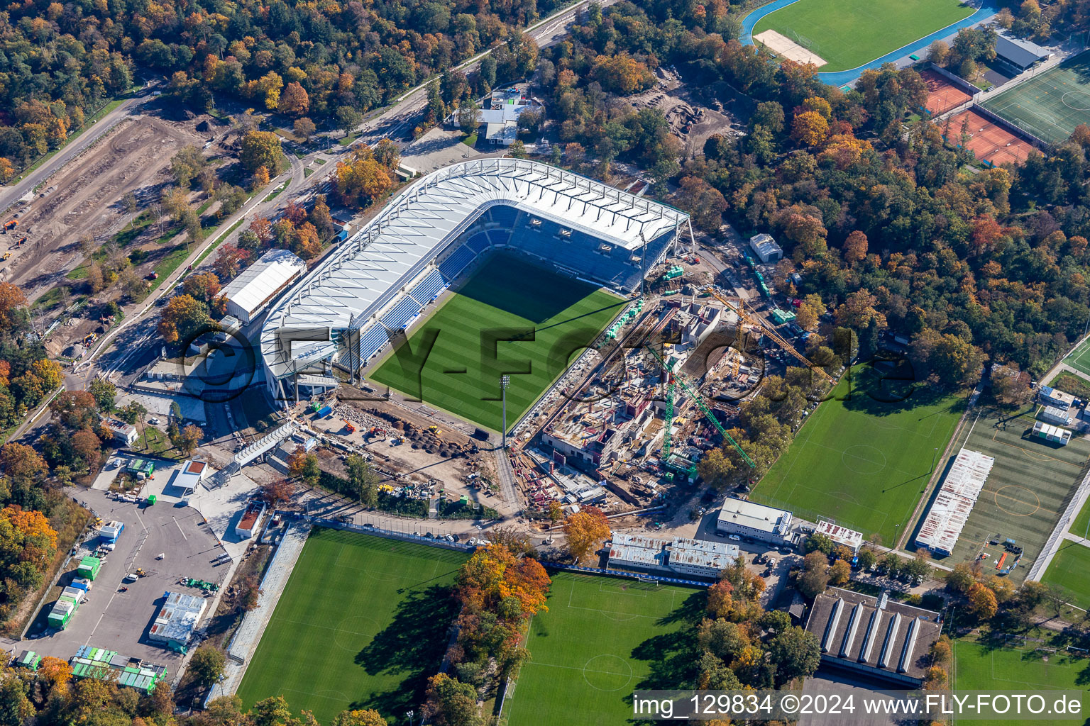 Extension and conversion site on the sports ground of the stadium " Wildparkstadion " in Karlsruhe in the state Baden-Wurttemberg, Germany from a drone