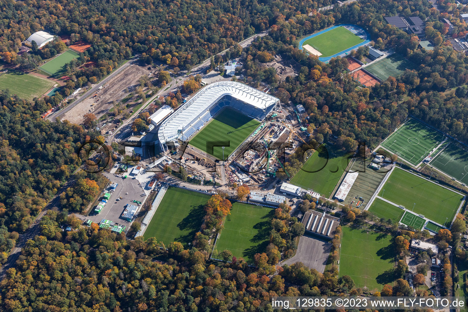 Extension and conversion site on the sports ground of the stadium " Wildparkstadion " in Karlsruhe in the state Baden-Wurttemberg, Germany seen from a drone