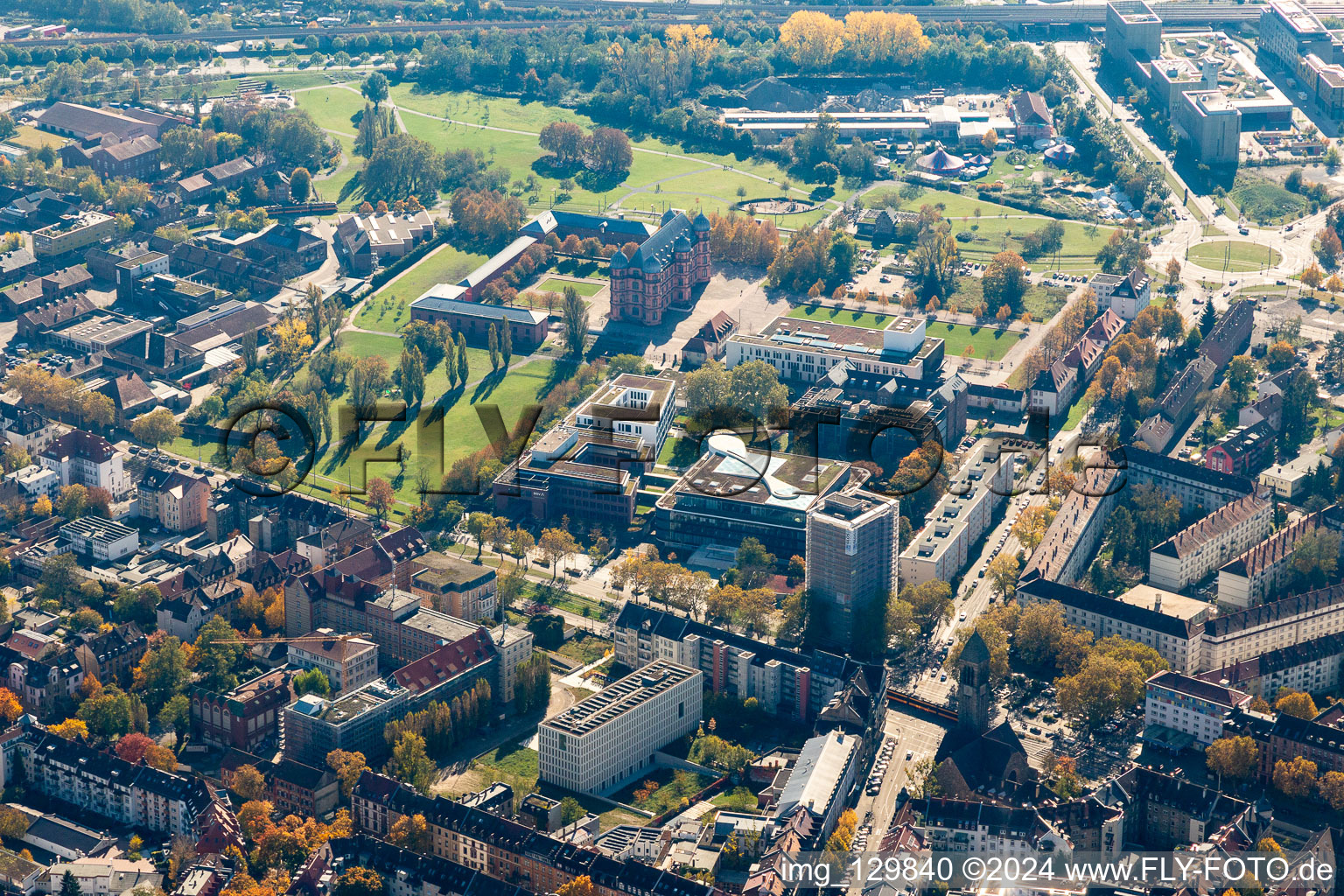 BGV, health department, district office and Gottesaue Castle with University of Music in the district Oststadt in Karlsruhe in the state Baden-Wuerttemberg, Germany