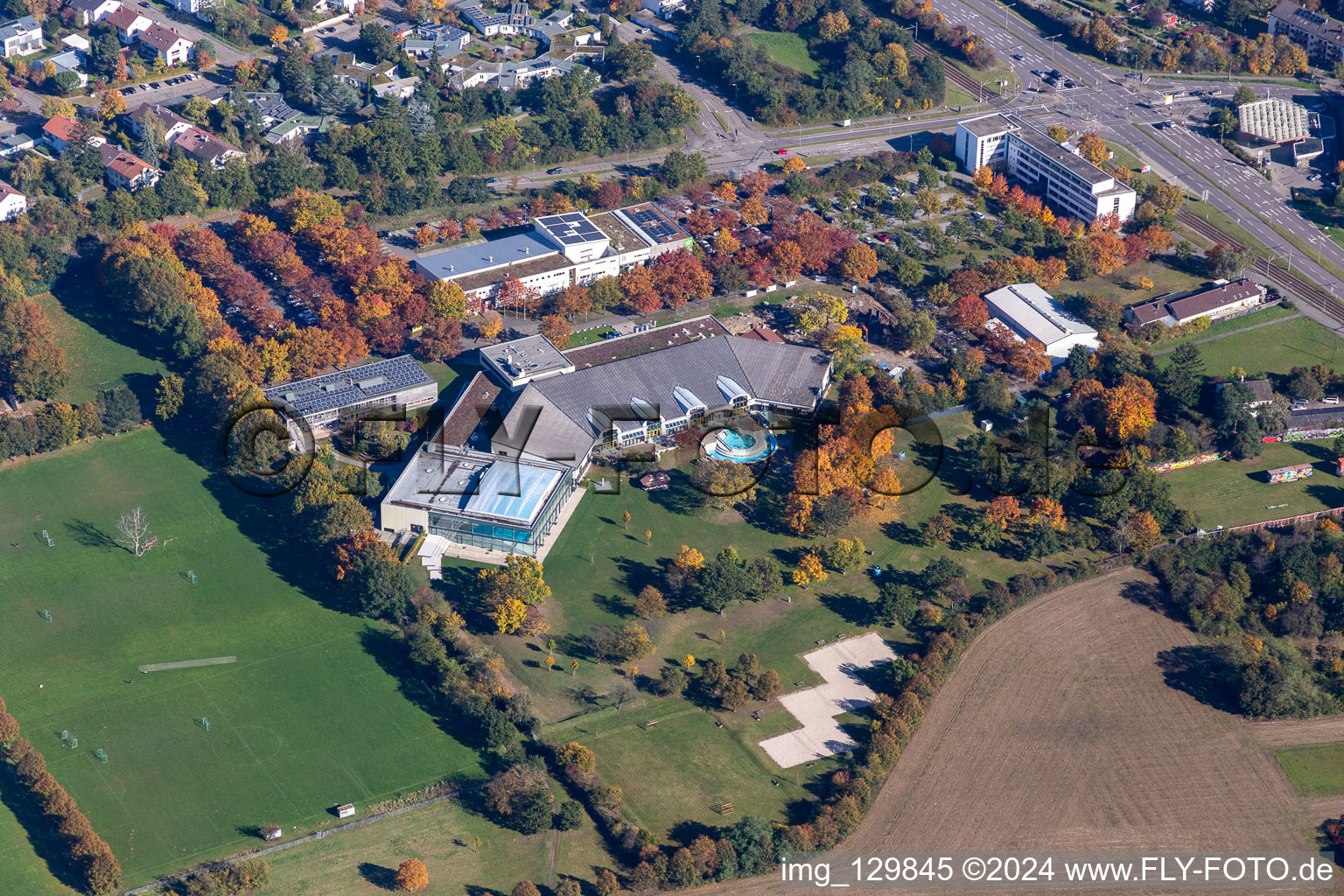 Aerial view of Fan bath in the district Hagsfeld in Karlsruhe in the state Baden-Wuerttemberg, Germany