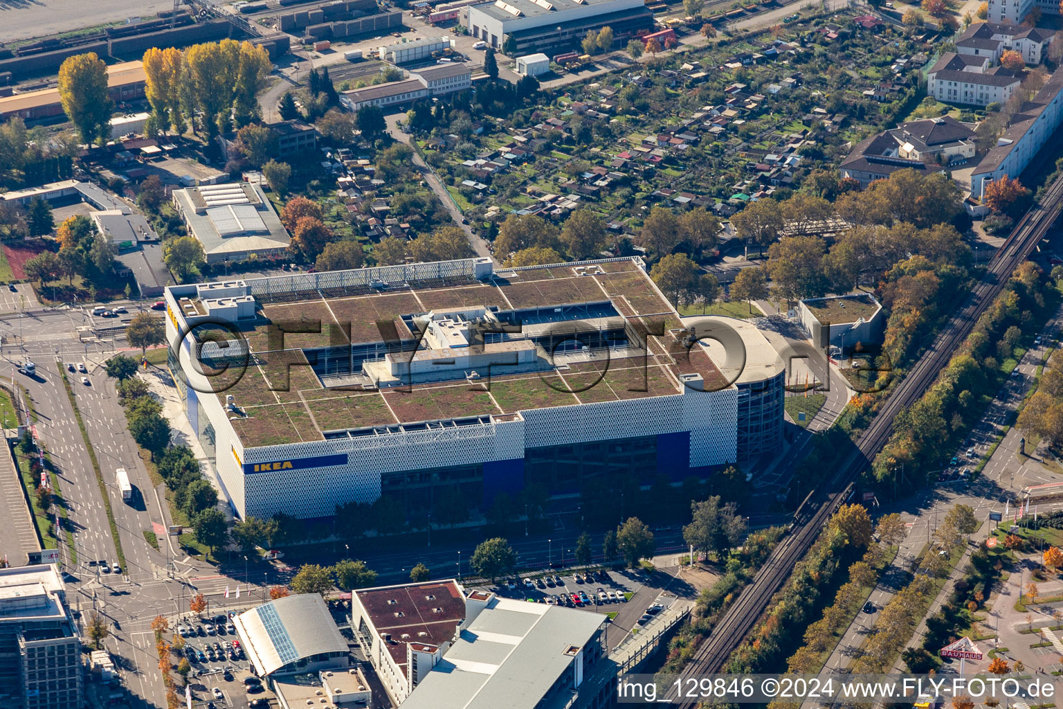 Building store - furniture market of " IKEA Deutschland GmbH & Co. KG " on Gerwigstrasse - Weinweg - Durlacher Allee in Karlsruhe in the state Baden-Wurttemberg, Germany from the plane