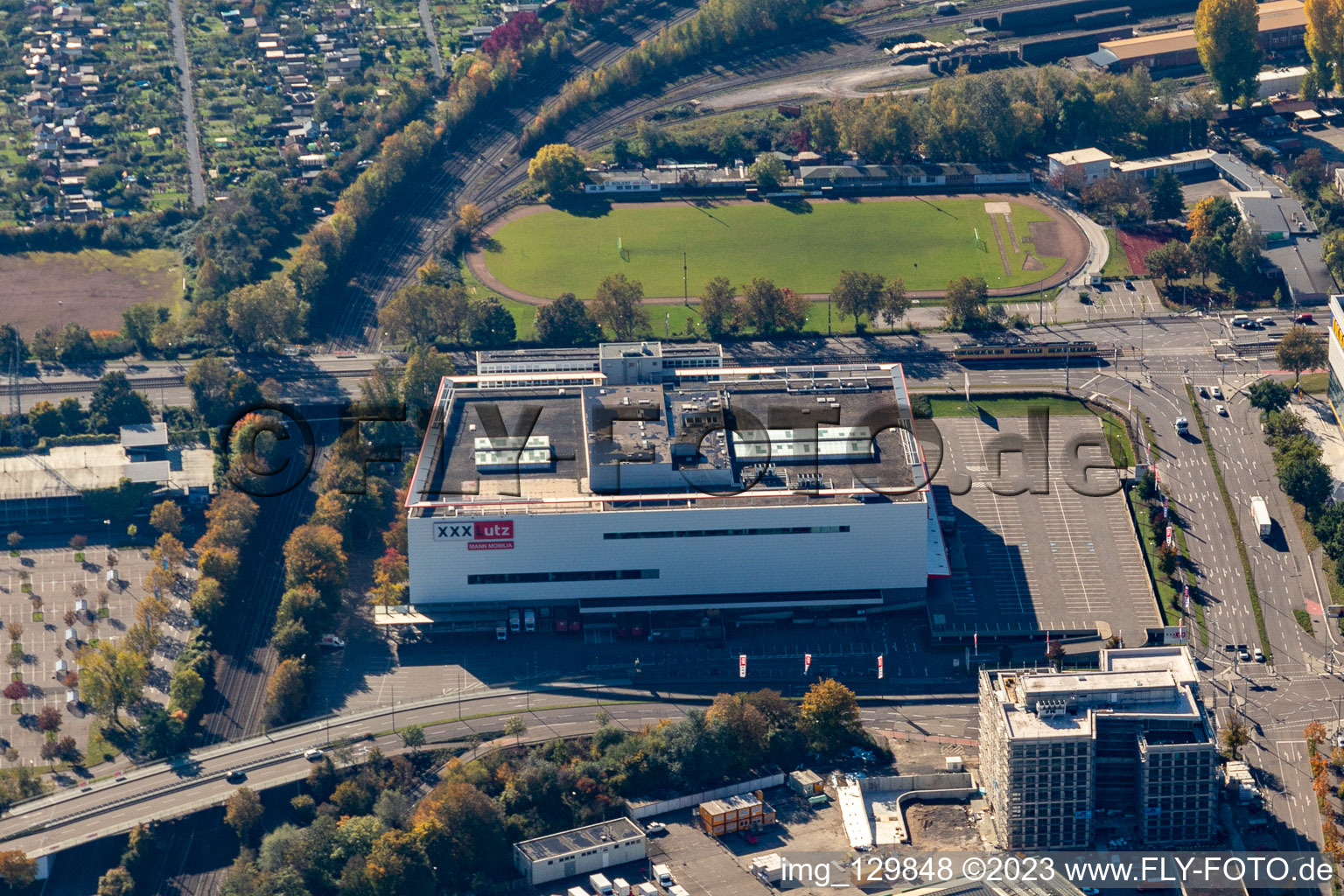 Aerial view of Building of the store - furniture market XXL Lutz, MANN Management GmbH in the district Rintheim in Karlsruhe in the state Baden-Wuerttemberg, Germany