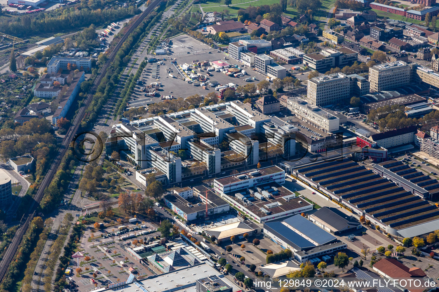 Aerial view of Office building of ENBW Zentrale on Durlacher Allee in the district Oststadt in Karlsruhe in the state Baden-Wuerttemberg, Germany