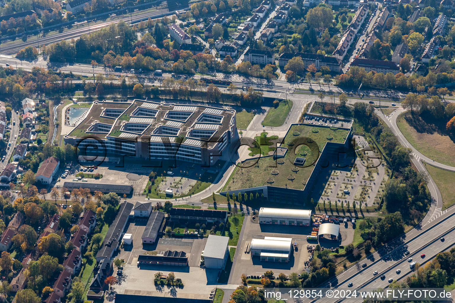 New office and commercial building of " dm-drogerie markt GmbH + Co. KG " on Alte Karlsruher Strasse in Karlsruhe in the state Baden-Wurttemberg, Germany