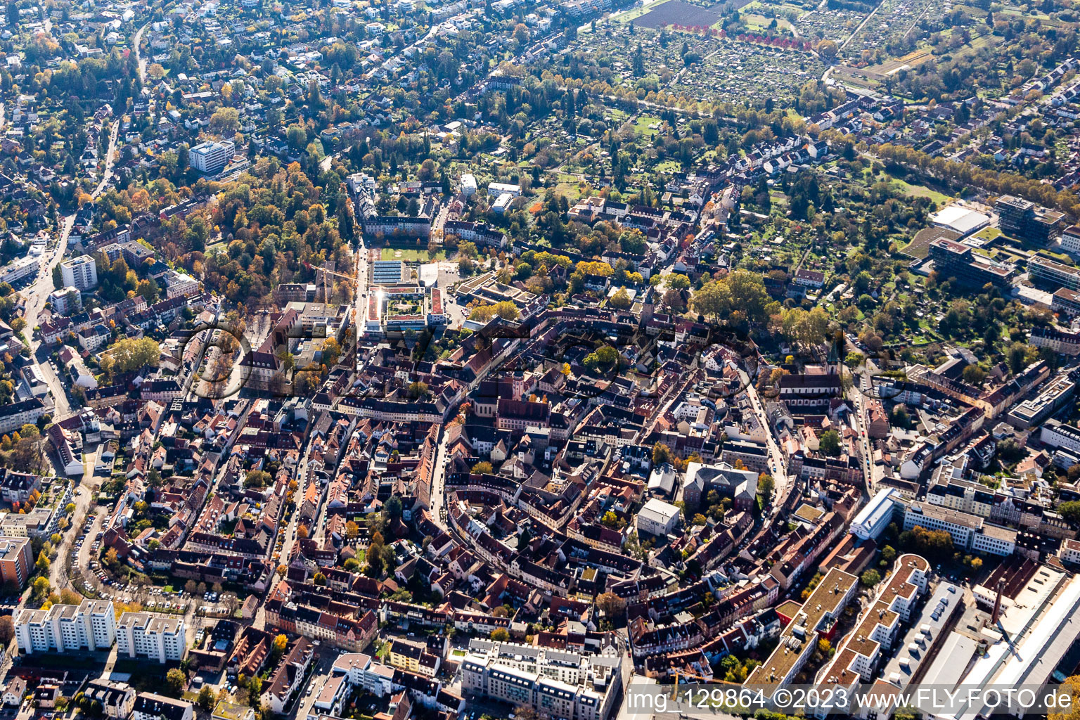 Aerial photograpy of Old Town area and city center in the district Durlach in Karlsruhe in the state Baden-Wuerttemberg