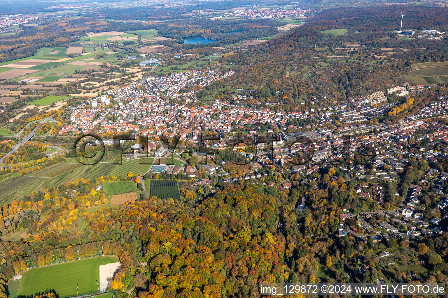 Aerial view of District Grötzingen in Karlsruhe in the state Baden-Wuerttemberg, Germany