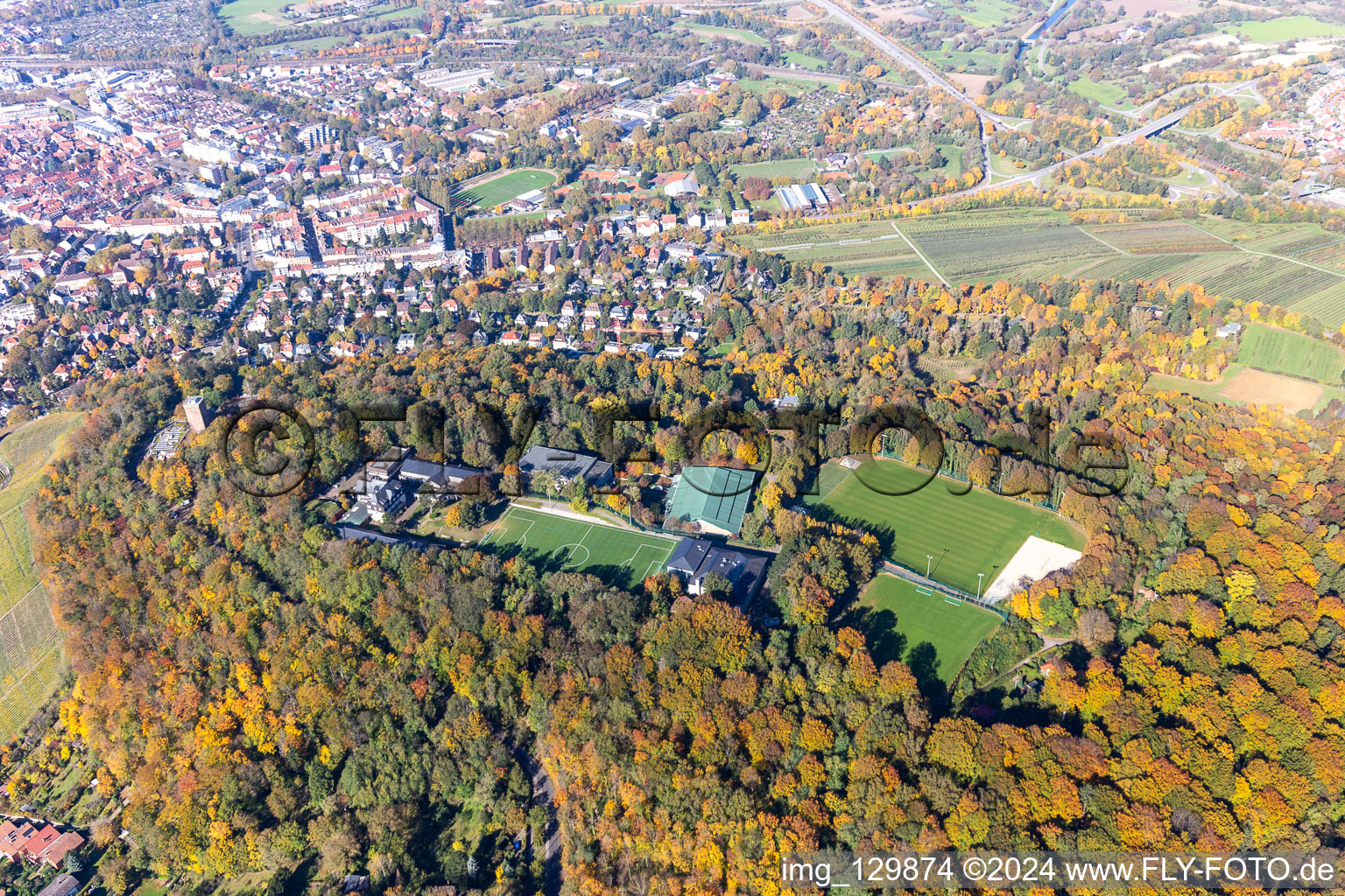 Sports grounds and football pitch of Sportschule Schoeneck - national soccer training center on the Turmberg in the district Durlach in Karlsruhe in the state Baden-Wuerttemberg
