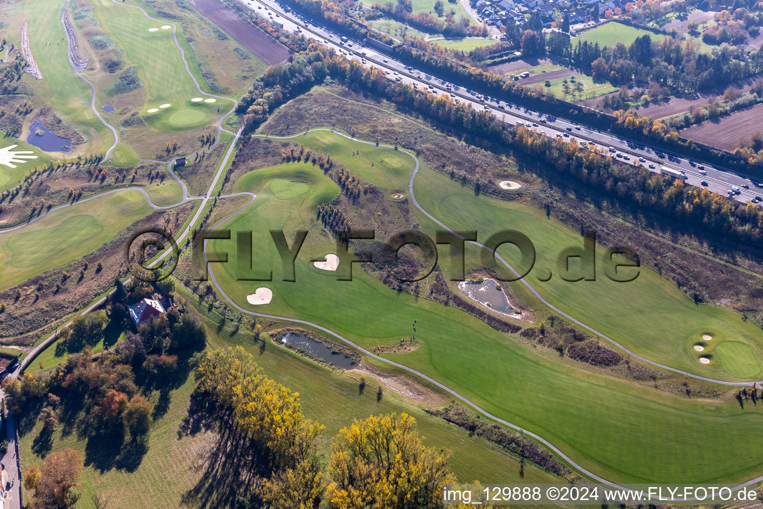 Aerial view of Grounds of the Golf course at Golfpark Karlsruhe GOLF absolute in Karlsruhe in the state Baden-Wuerttemberg, Germany