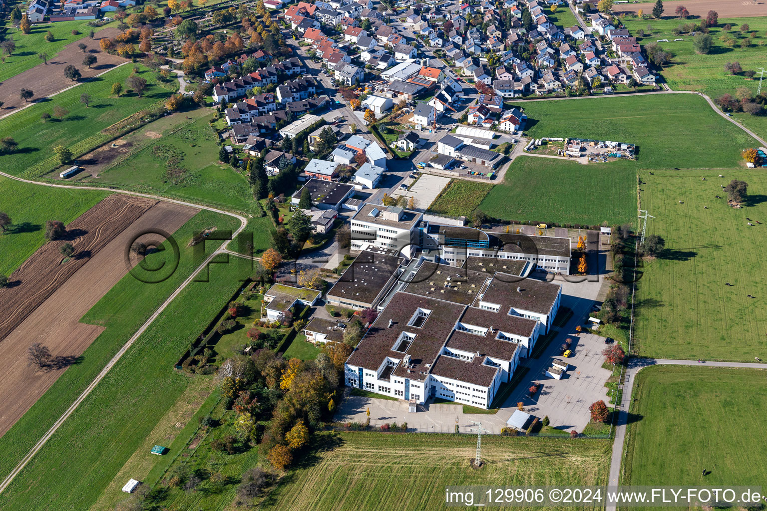 Aerial view of Company grounds and facilities of Polytec GmbH in Waldbronn in the state Baden-Wuerttemberg, Germany