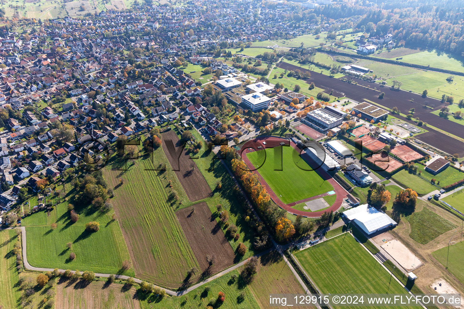 Stadium in the SONOTRONIC Sportpark SV 1899 Langensteinbach, Gymnasium Karlsbad, Community School Karlsbad-Waldbronn in the district Langensteinbach in Karlsbad in the state Baden-Wuerttemberg, Germany