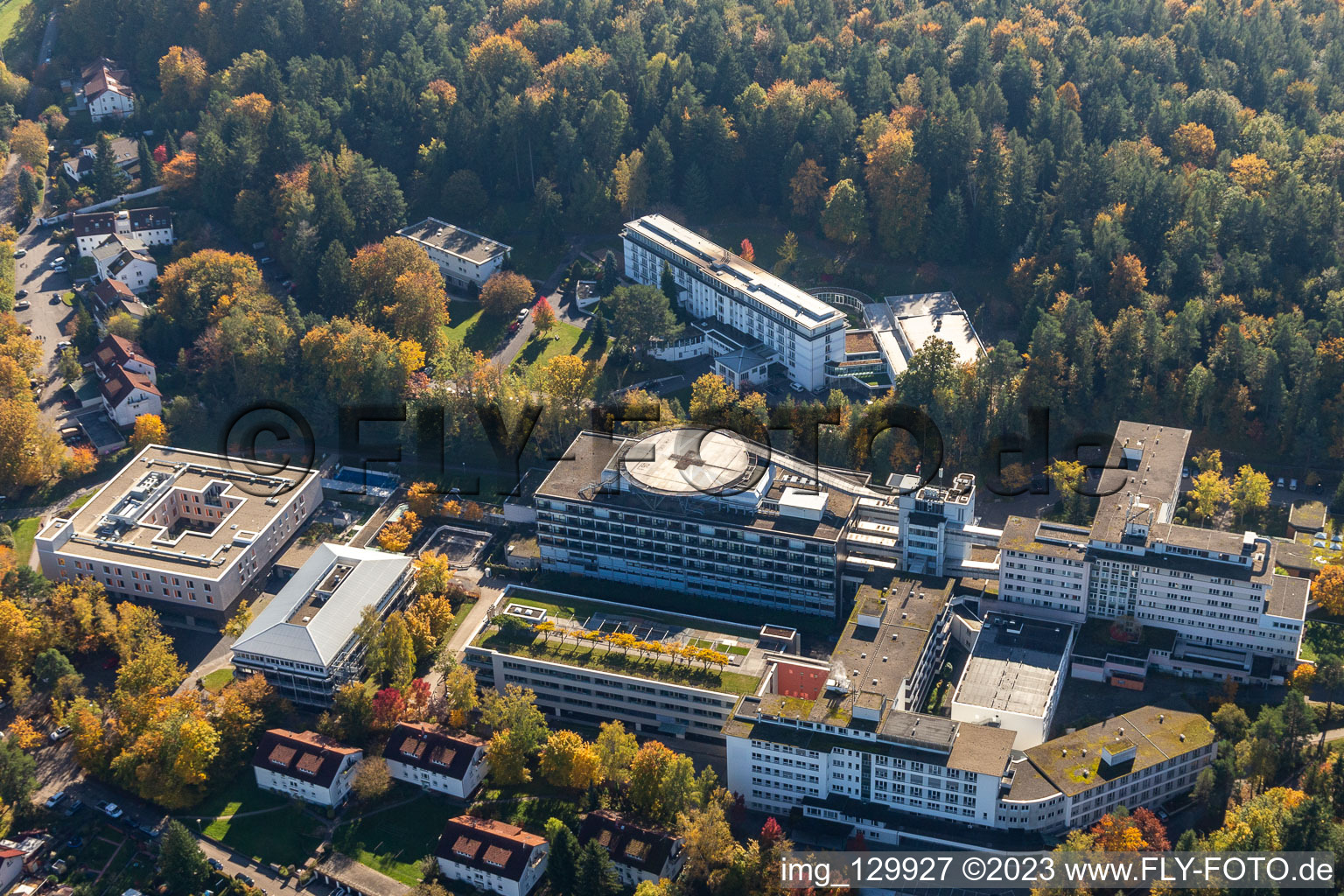 Aerial view of Hospital grounds of the rehabilitation center in Karlsbad in the state Baden-Wuerttemberg, Germany