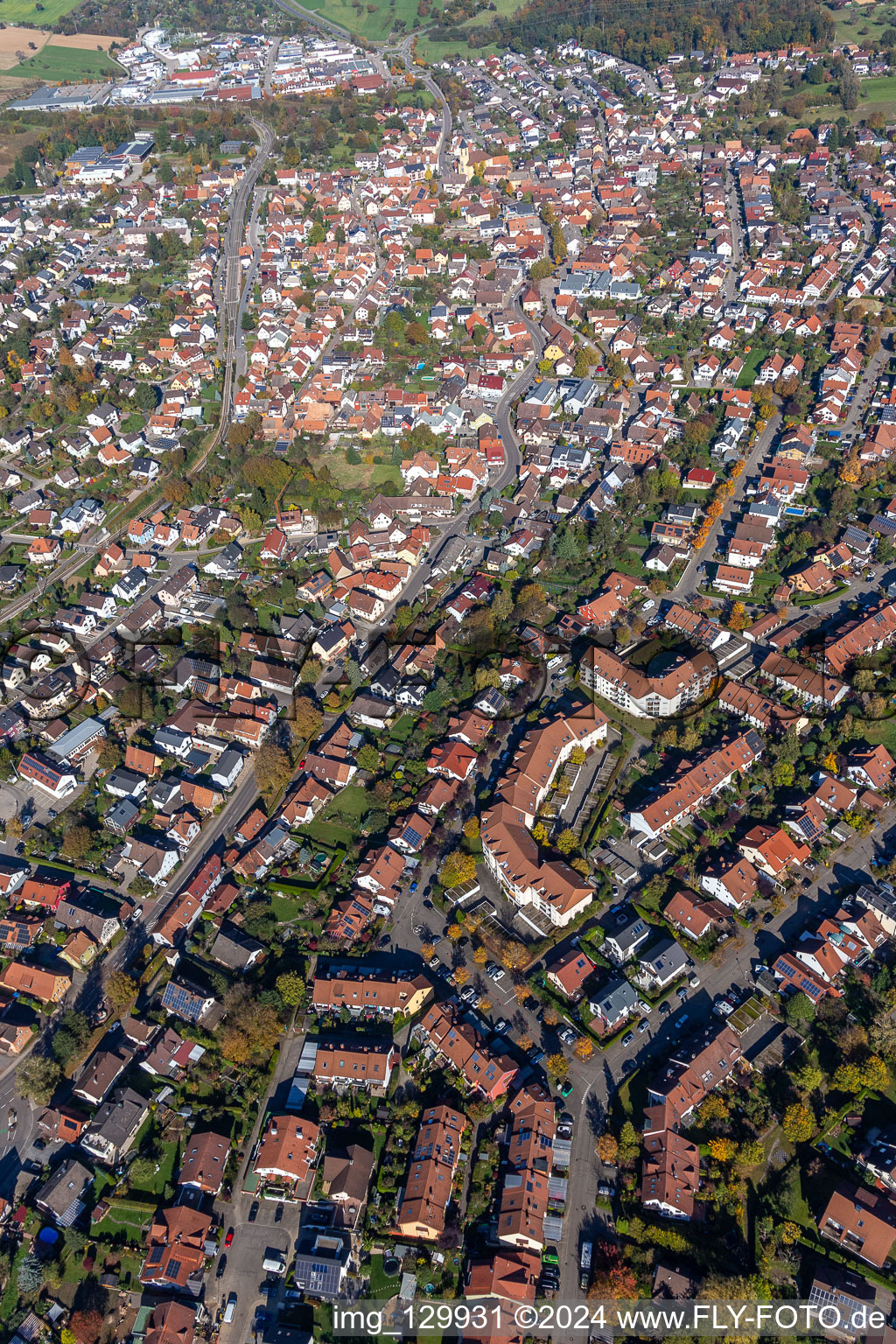 Bird's eye view of District Langensteinbach in Karlsbad in the state Baden-Wuerttemberg, Germany