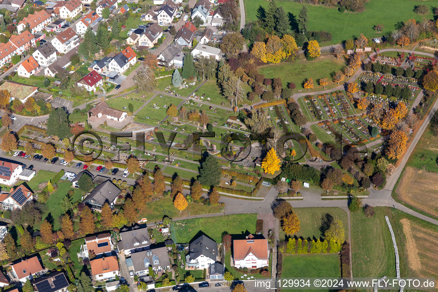 Aerial view of Cemetery Langensteinbach in the district Langensteinbach in Karlsbad in the state Baden-Wuerttemberg, Germany