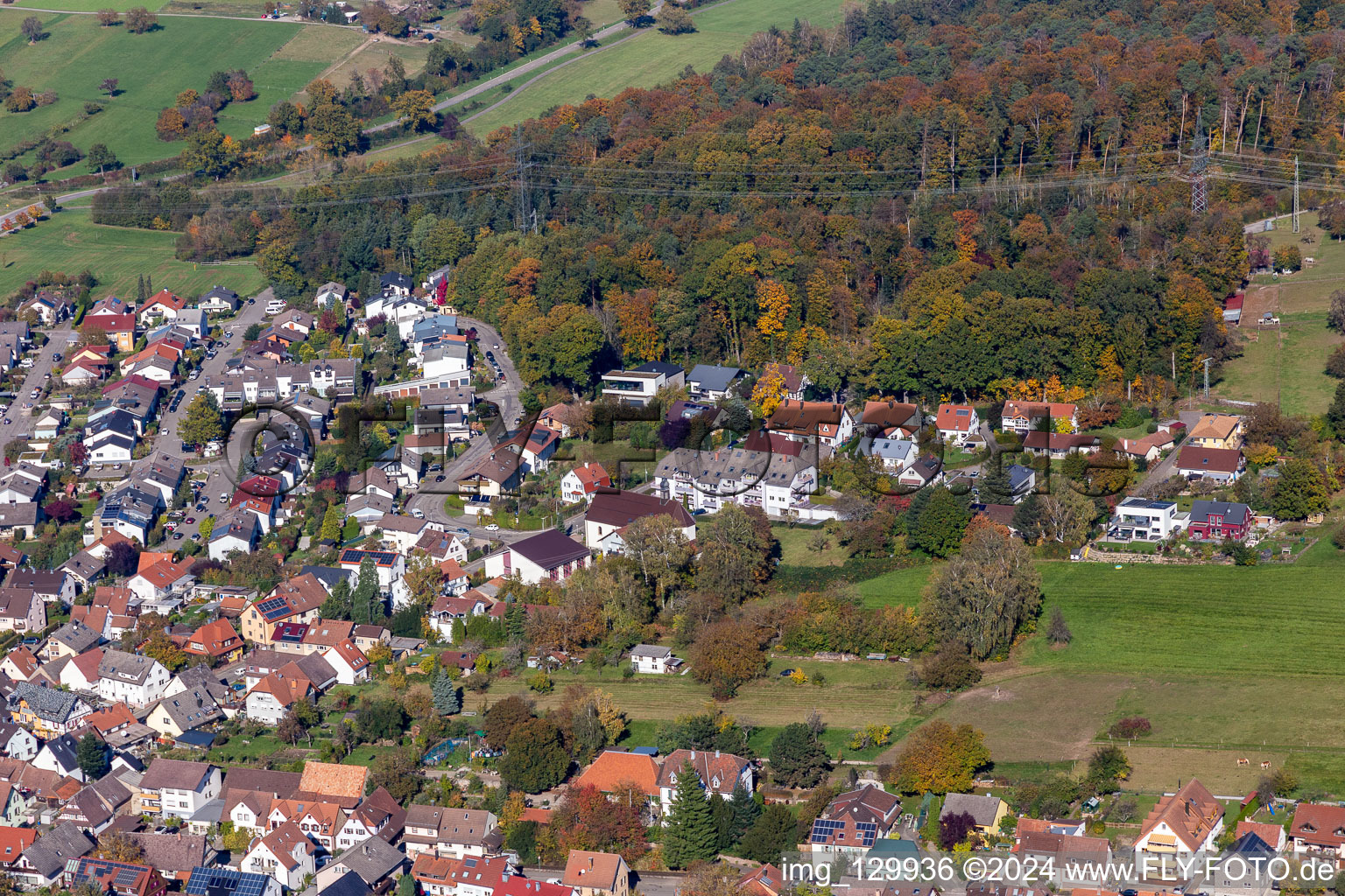 Aerial view of Wilhelm-Roether-Strasse in the district Langensteinbach in Karlsbad in the state Baden-Wuerttemberg, Germany