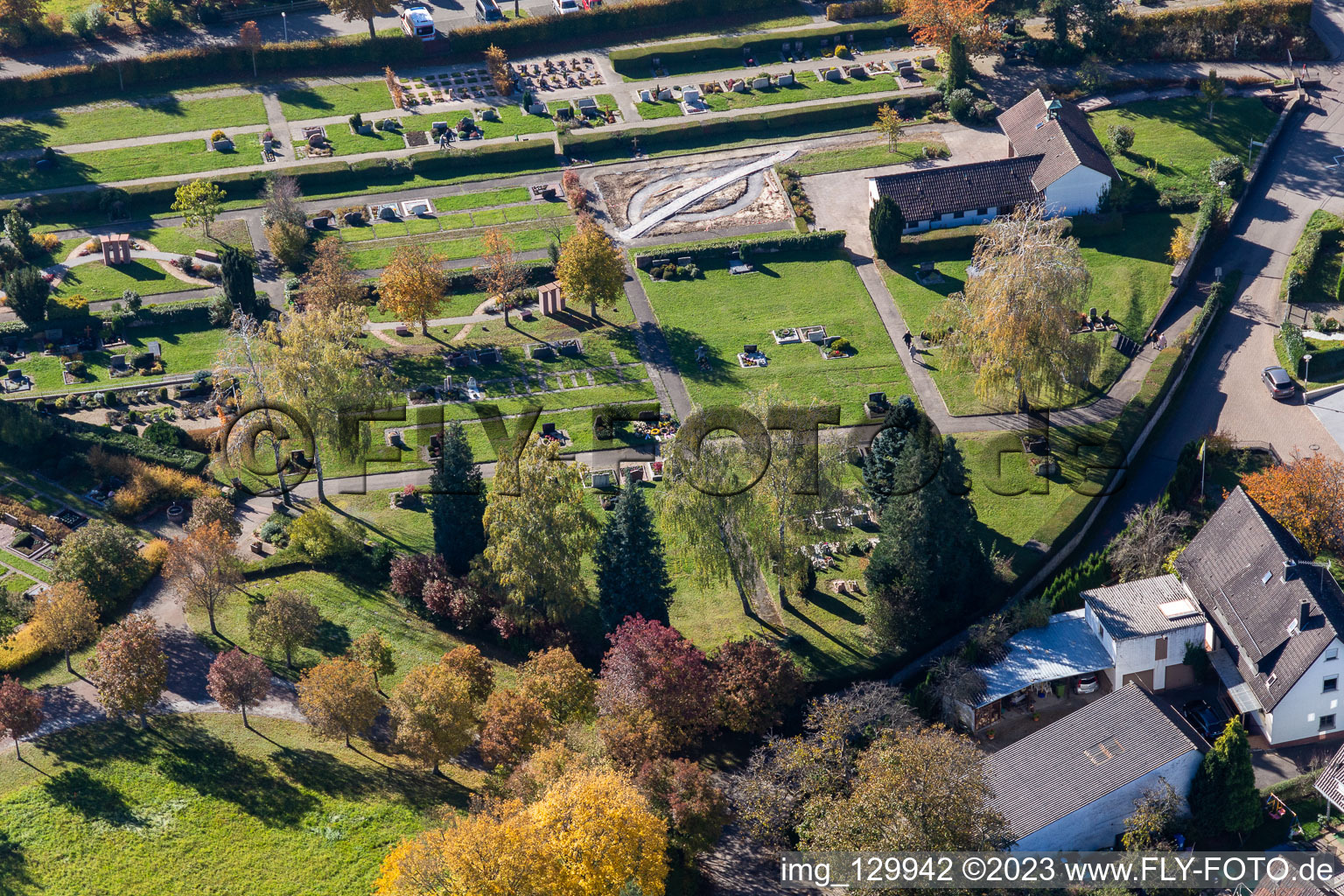 Cemetery Langensteinbach in the district Langensteinbach in Karlsbad in the state Baden-Wuerttemberg, Germany from above