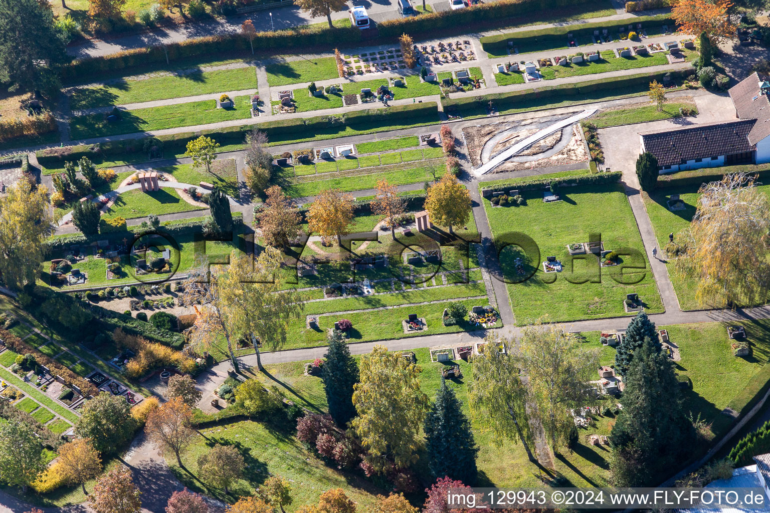 Cemetery Langensteinbach in the district Langensteinbach in Karlsbad in the state Baden-Wuerttemberg, Germany out of the air