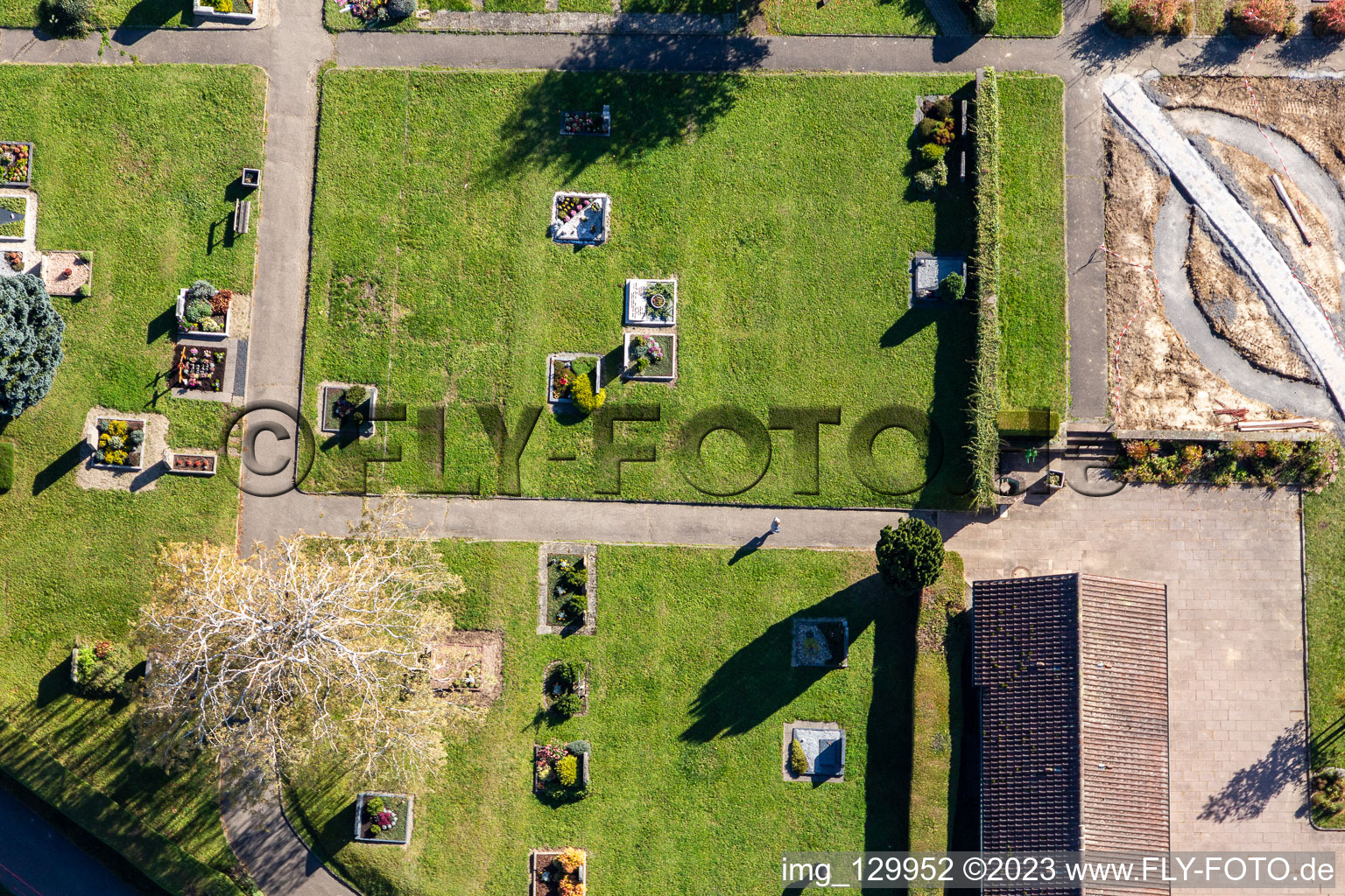 Cemetery Langensteinbach in the district Langensteinbach in Karlsbad in the state Baden-Wuerttemberg, Germany seen from above