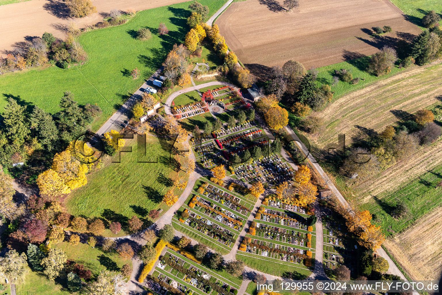 Cemetery Langensteinbach in the district Langensteinbach in Karlsbad in the state Baden-Wuerttemberg, Germany from the plane