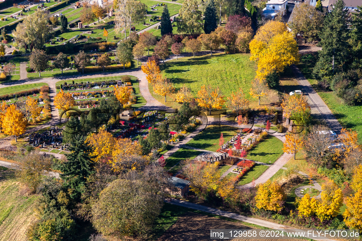 Bird's eye view of Cemetery Langensteinbach in the district Langensteinbach in Karlsbad in the state Baden-Wuerttemberg, Germany