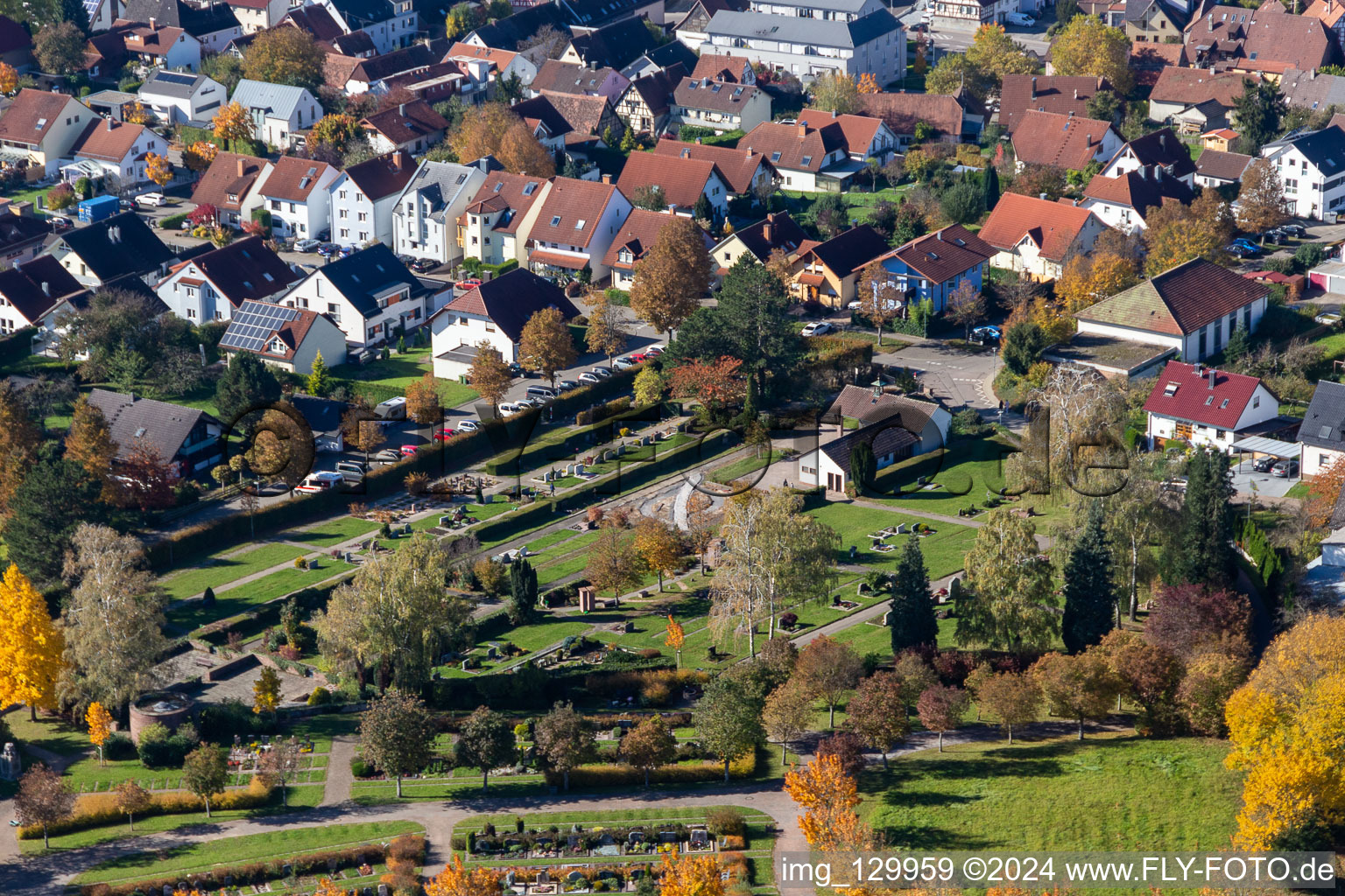 Cemetery Langensteinbach in the district Langensteinbach in Karlsbad in the state Baden-Wuerttemberg, Germany viewn from the air