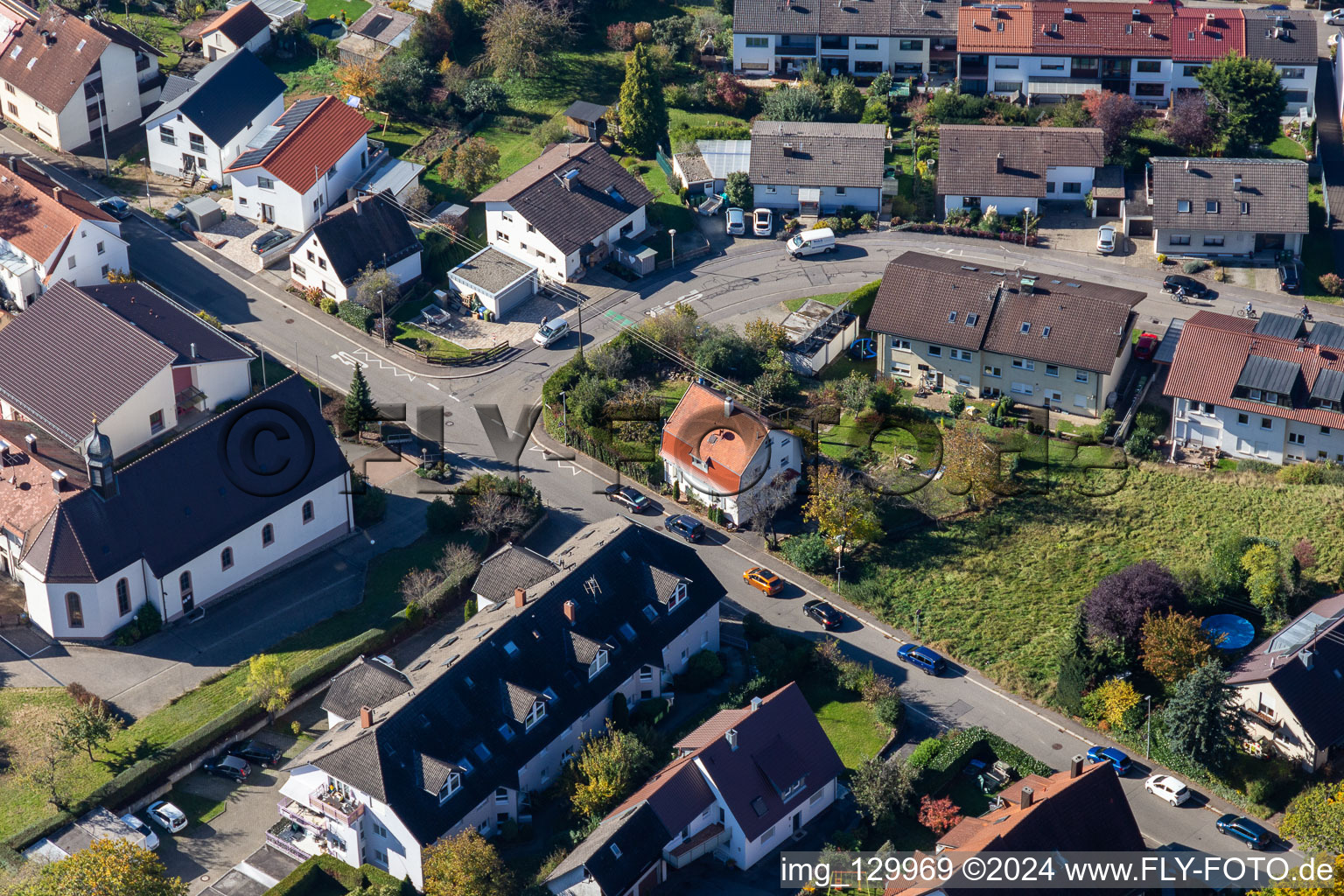 Oblique view of Wilhelm-Roether-Strasse in the district Langensteinbach in Karlsbad in the state Baden-Wuerttemberg, Germany