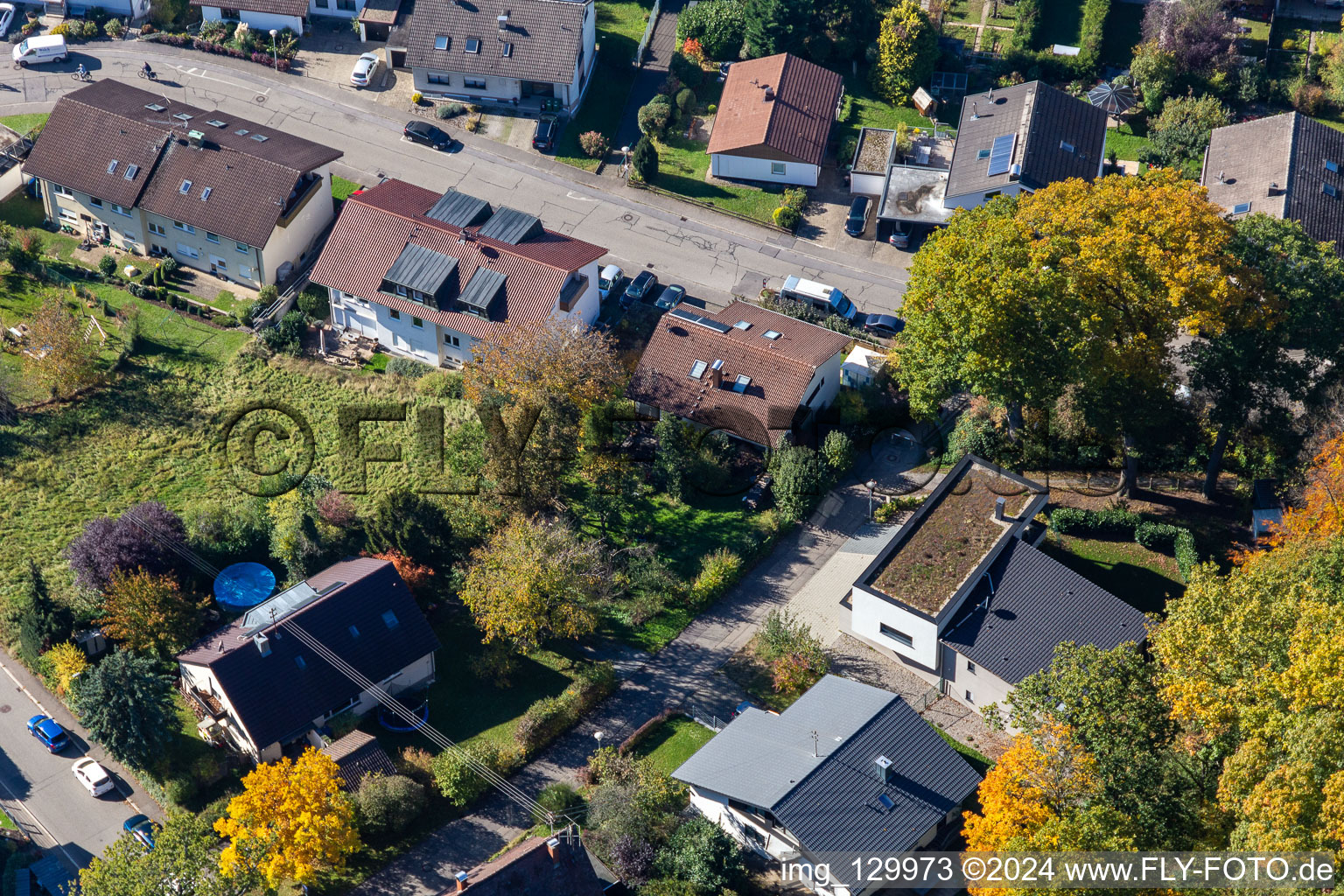 Wilhelm-Roether-Strasse in the district Langensteinbach in Karlsbad in the state Baden-Wuerttemberg, Germany from above