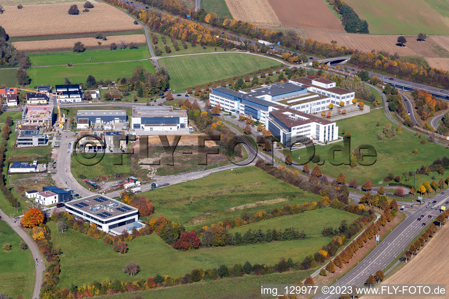Office building of Physik Instrumente (PI) GmbH & Co. KG at the A8 in Karlsruhe in the state Baden-Wuerttemberg, Germany