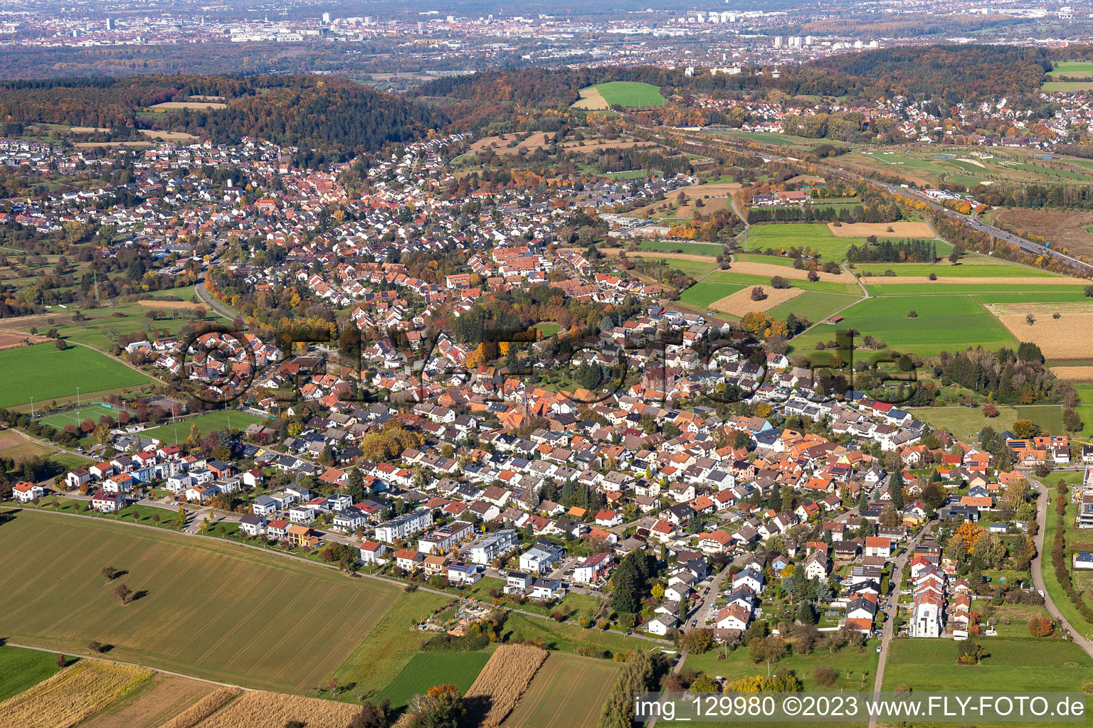 Oblique view of District Palmbach in Karlsruhe in the state Baden-Wuerttemberg, Germany