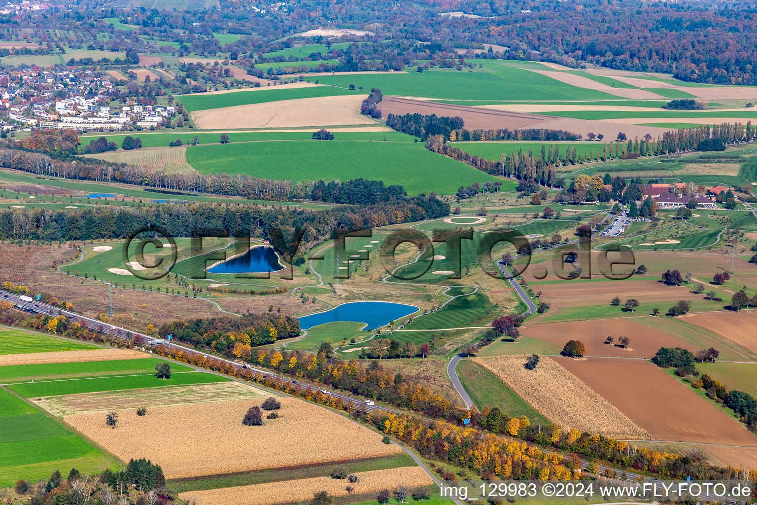 Grounds of the Golf course at Golfpark Karlsruhe GOLF absolute in Karlsruhe in the state Baden-Wuerttemberg, Germany from the plane