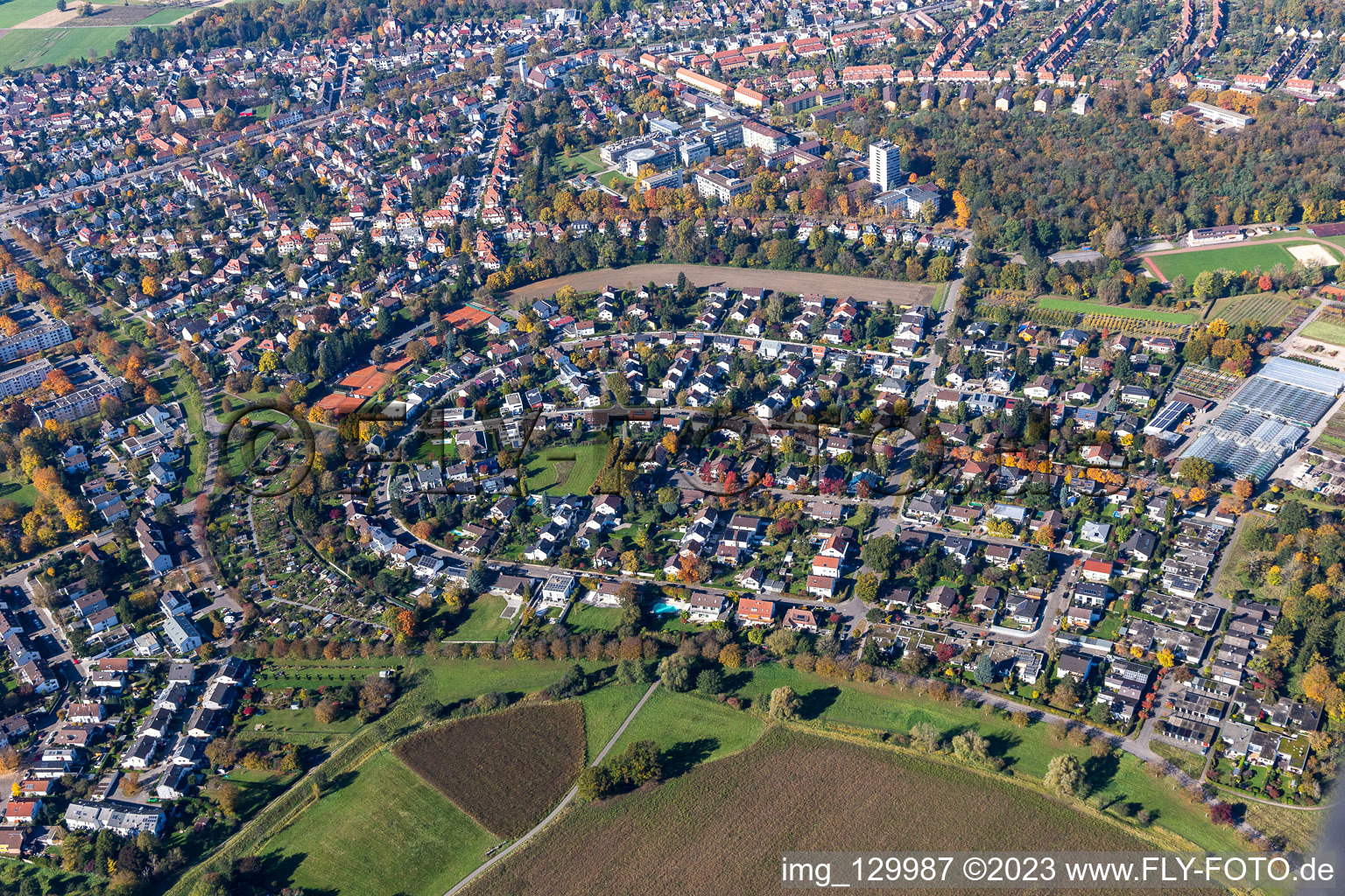 Oblique view of District Rüppurr in Karlsruhe in the state Baden-Wuerttemberg, Germany