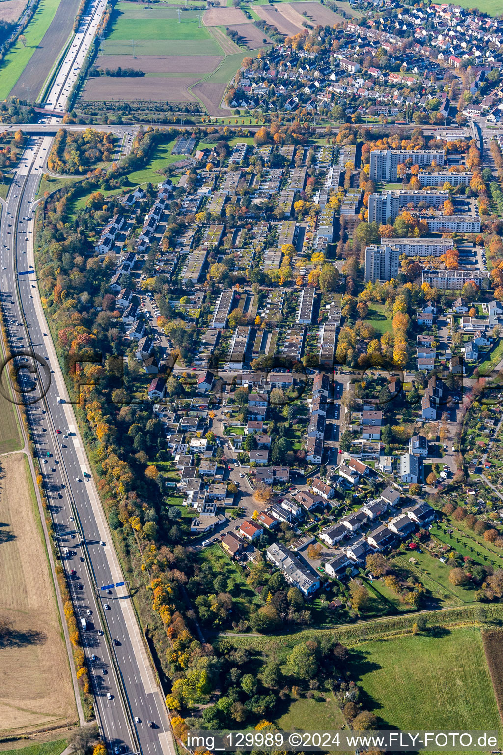 Town view of the streets and houses of the residential areas along the course of the motorway A5 in the district Rueppurr in Karlsruhe in the state Baden-Wuerttemberg, Germany