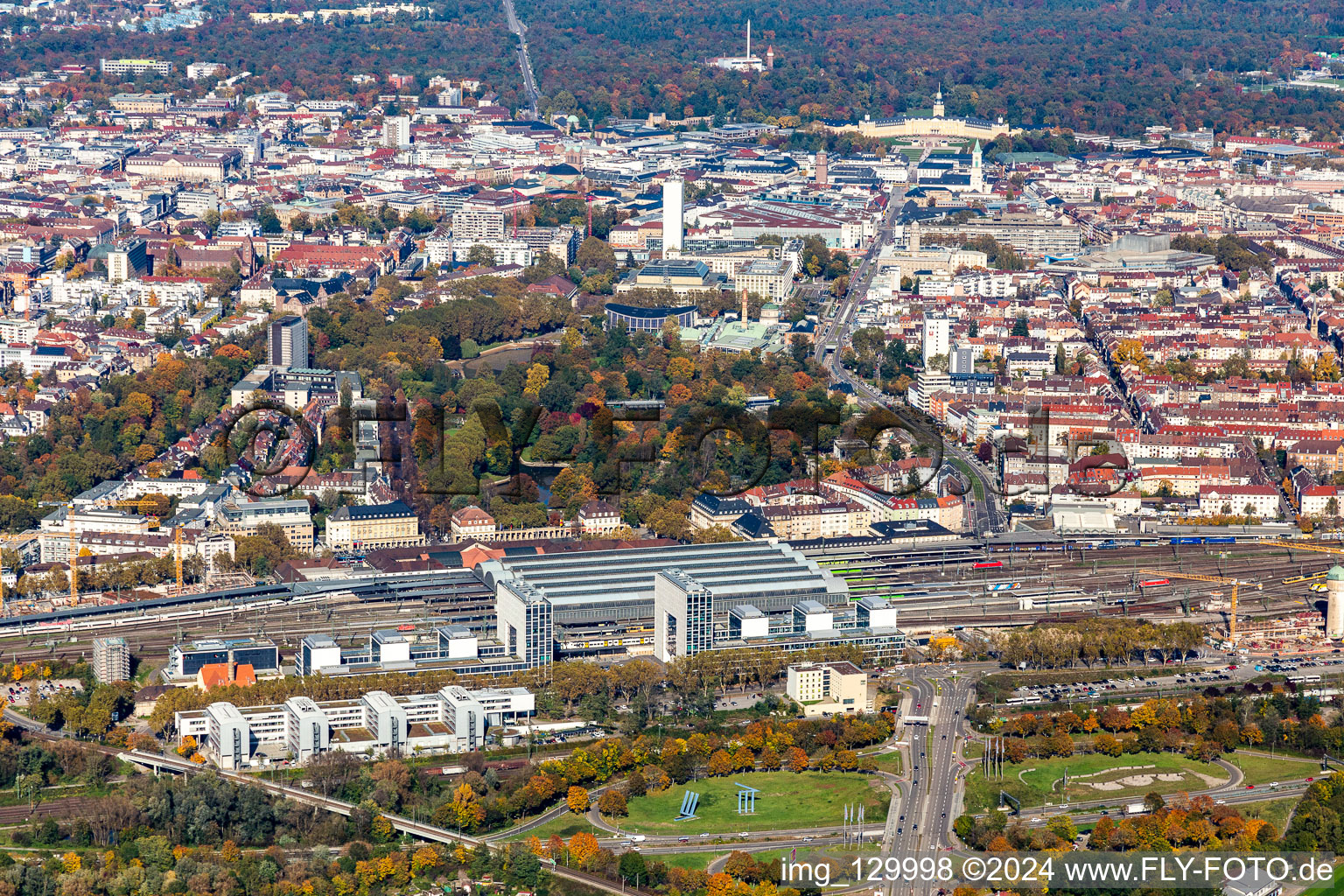 Aerial view of Main station Karlsruhe in the district Südweststadt in Karlsruhe in the state Baden-Wuerttemberg, Germany