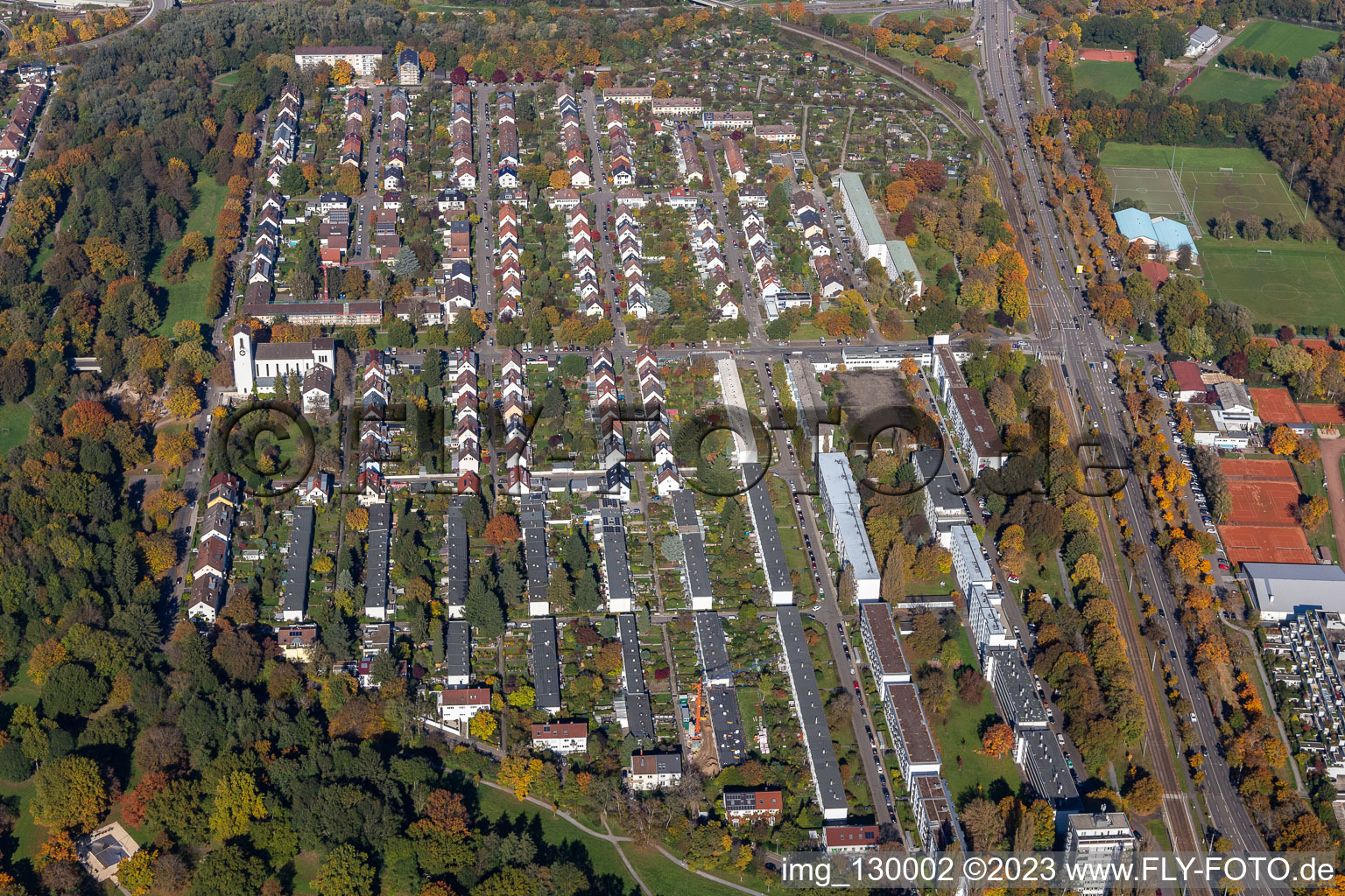 Aerial photograpy of District Weiherfeld-Dammerstock in Karlsruhe in the state Baden-Wuerttemberg, Germany