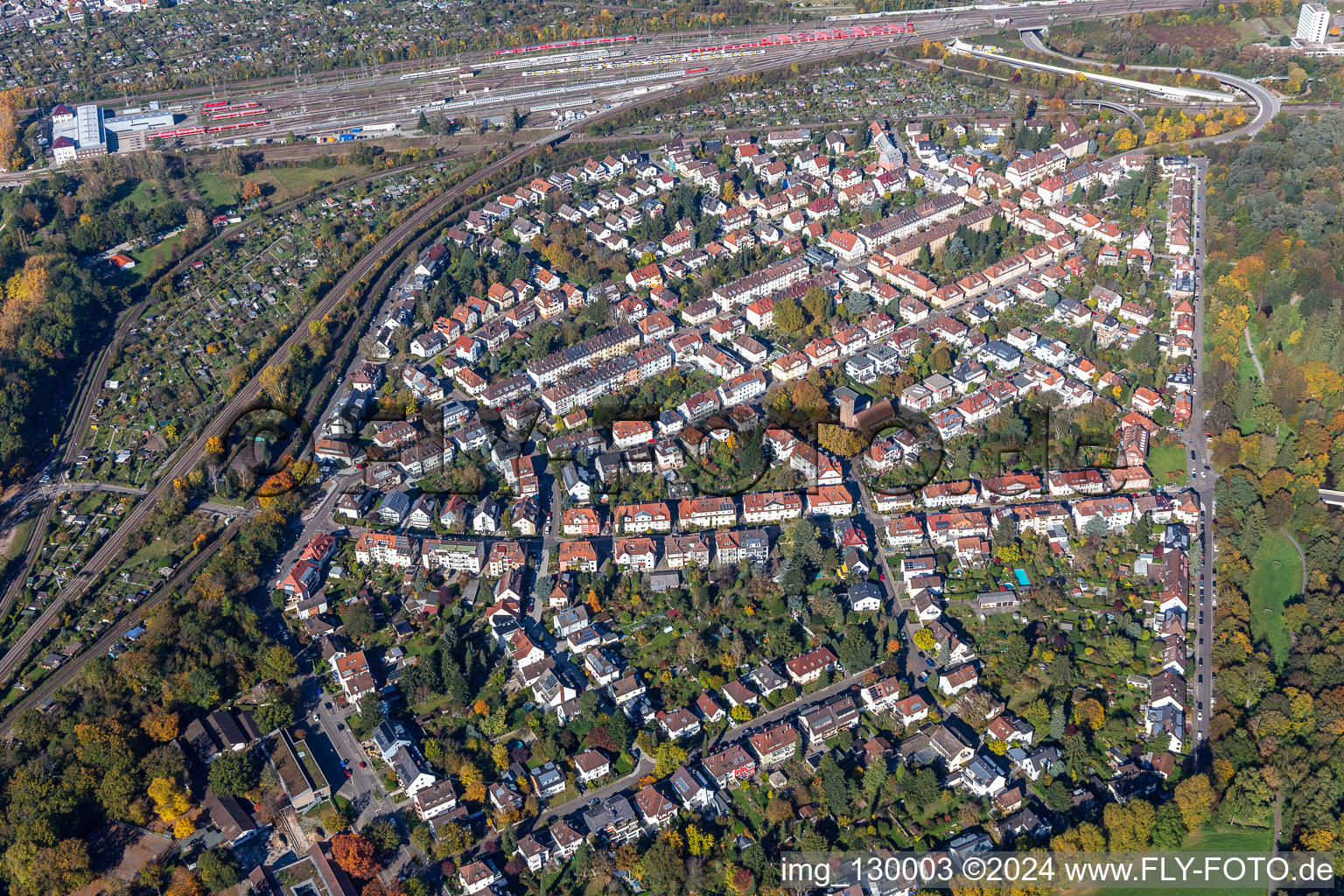 Oblique view of District Weiherfeld-Dammerstock in Karlsruhe in the state Baden-Wuerttemberg, Germany