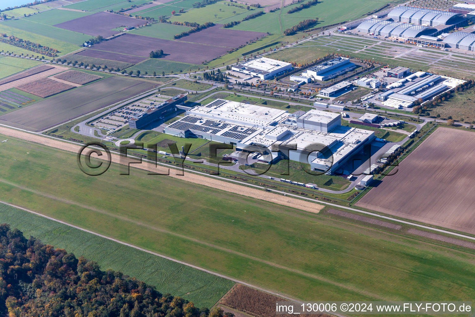 Building and production halls on the premises of EDEKA Suedwest Fleisch at airfield in Rheinstetten in the state Baden-Wuerttemberg