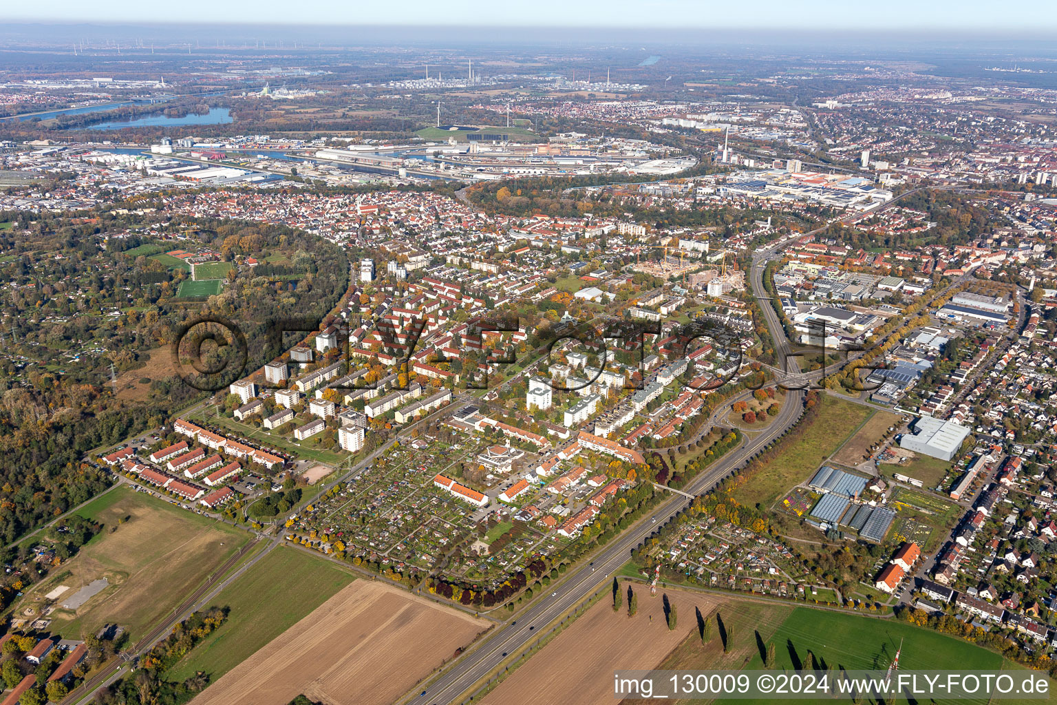 Aerial photograpy of District Daxlanden in Karlsruhe in the state Baden-Wuerttemberg, Germany