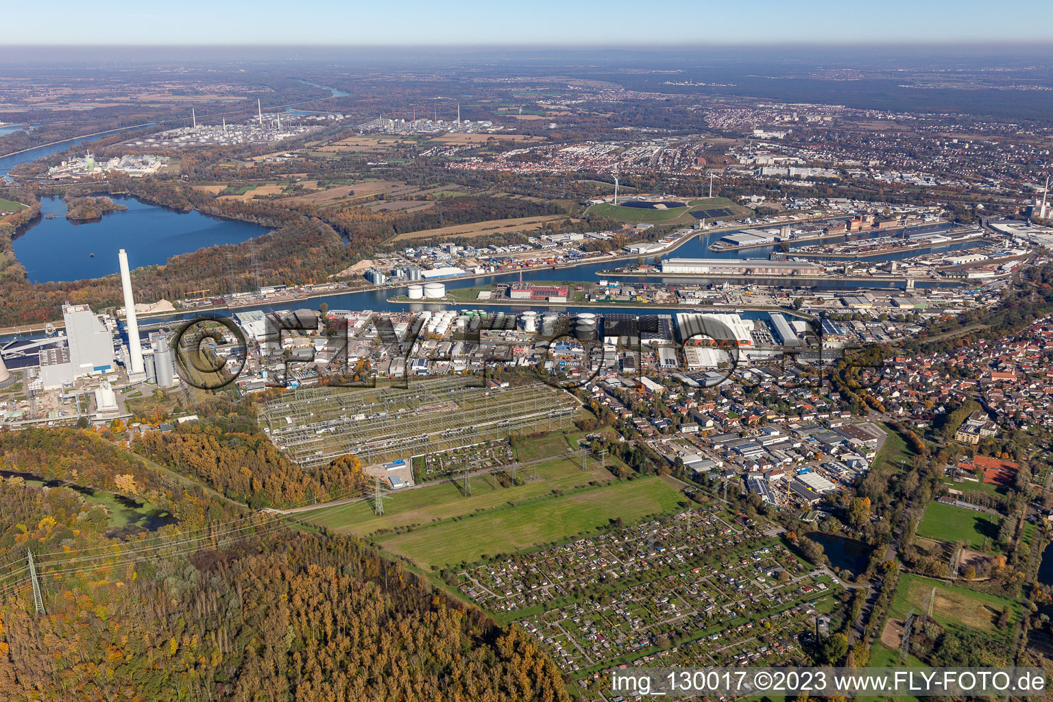 Bird's eye view of District Rheinhafen in Karlsruhe in the state Baden-Wuerttemberg, Germany