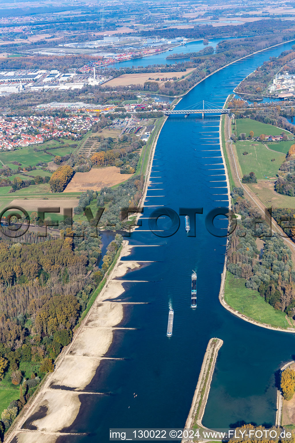 Aerial view of Rhine in the district Daxlanden in Karlsruhe in the state Baden-Wuerttemberg, Germany