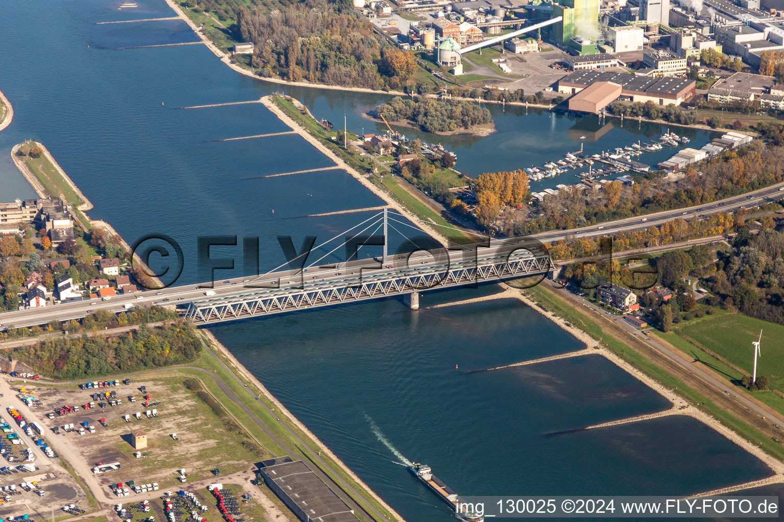 River - bridges construction crossing the Rhine river near Maxau in the district Knielingen in Karlsruhe in the state Baden-Wurttemberg, Germany