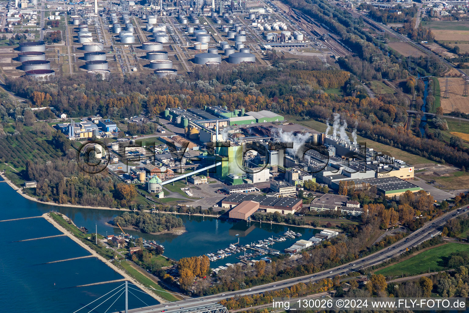 Aerial view of Building and production halls on the premises of Papierfabrik Stora Enso on the Rhine river in Karlsruhe in the state Baden-Wurttemberg, Germany