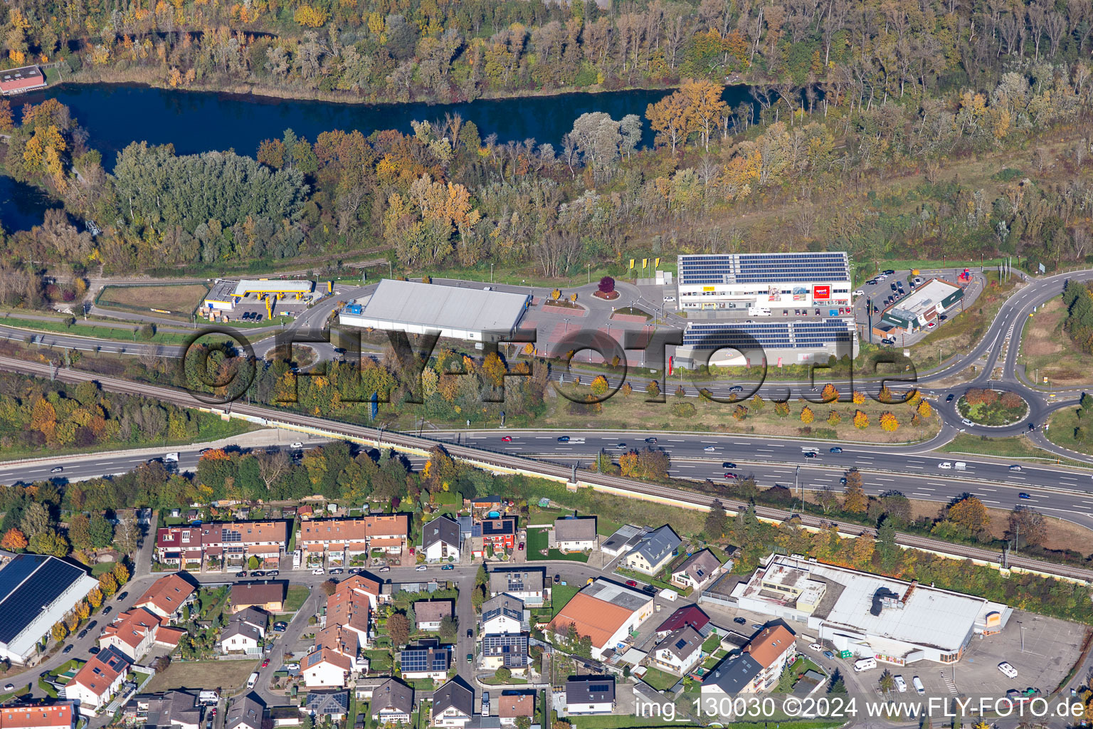 Aerial view of Maximilian Center in the district Maximiliansau in Wörth am Rhein in the state Rhineland-Palatinate, Germany