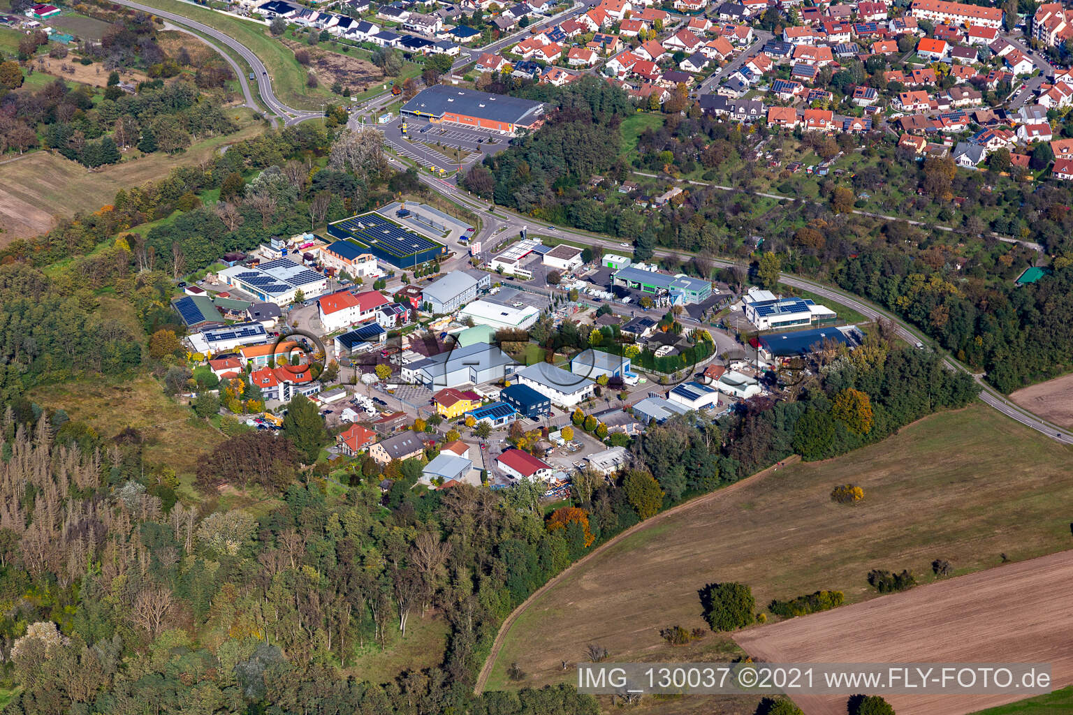 Aerial view of Mittelwegring commercial area in Jockgrim in the state Rhineland-Palatinate, Germany