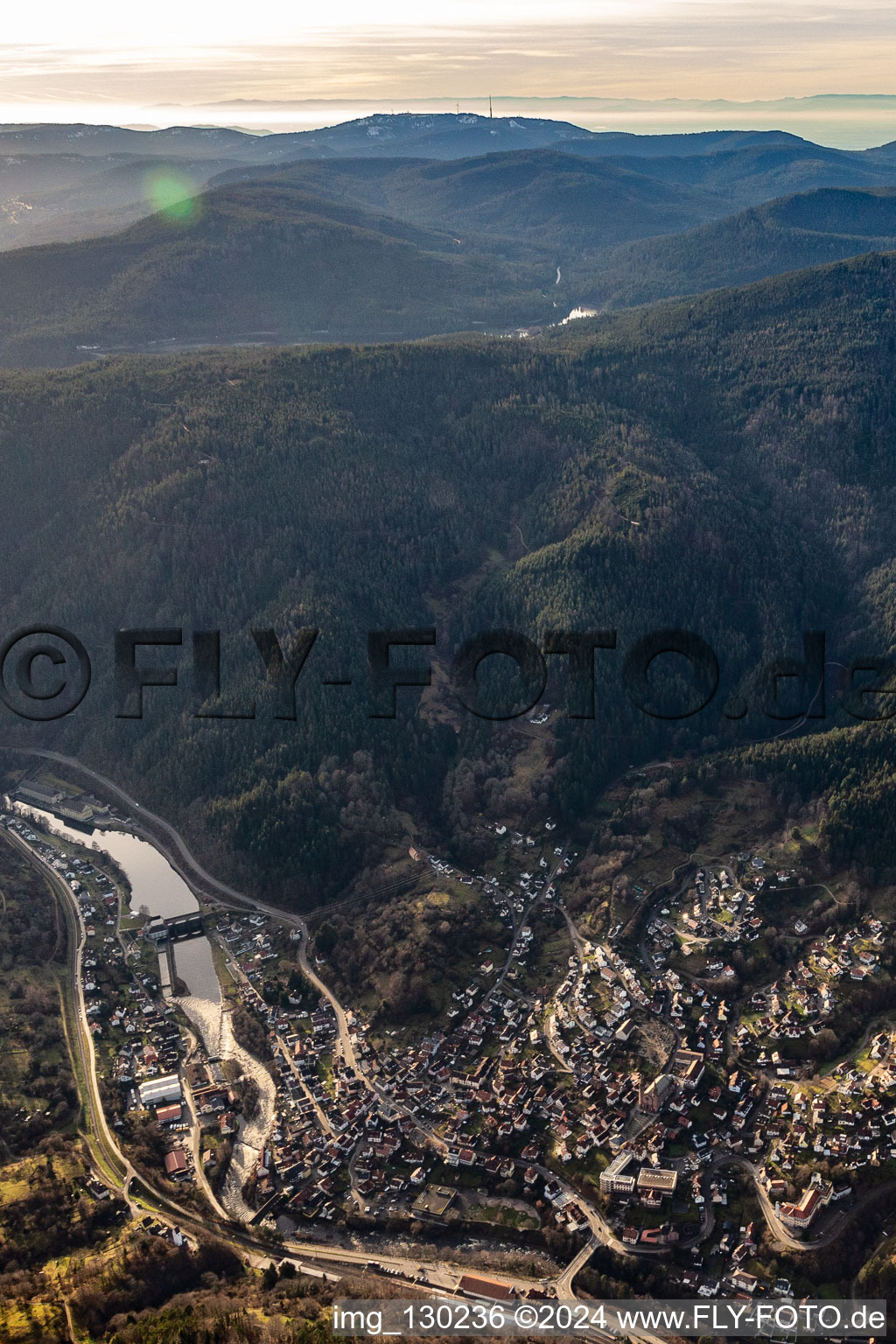 Aerial view of Murg Valley in Forbach in the state Baden-Wuerttemberg, Germany