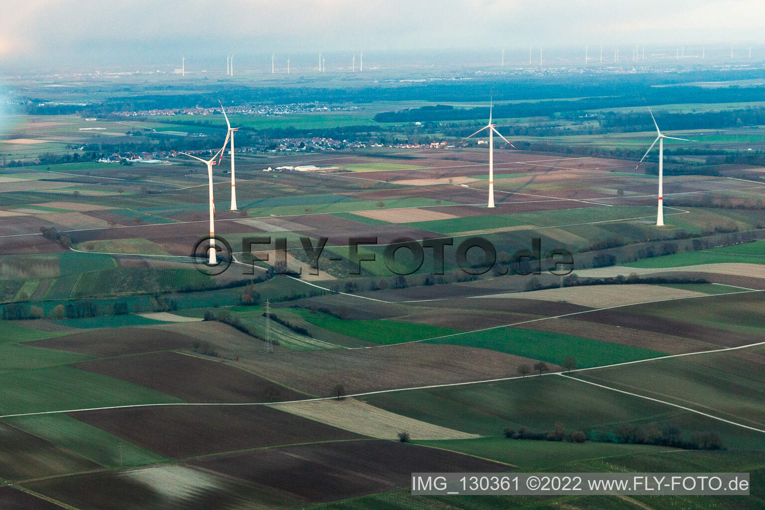Oblique view of Wind farm in Freckenfeld in the state Rhineland-Palatinate, Germany