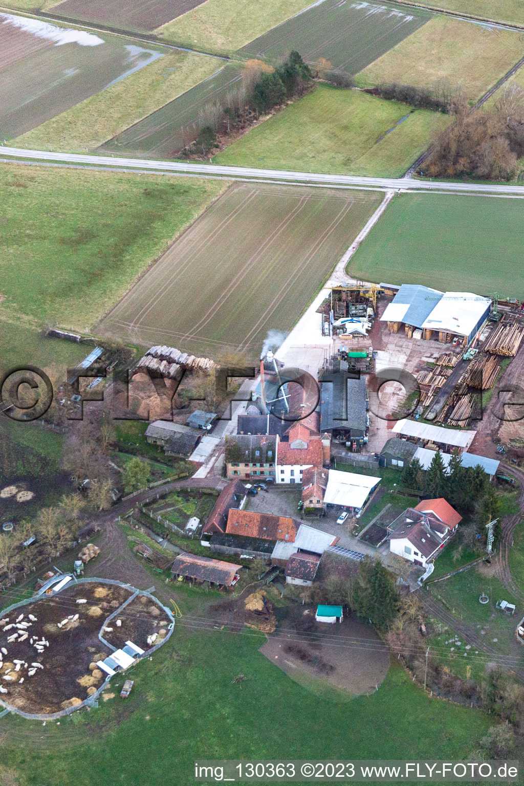 Aerial view of Orth woodworks at the Schaidter Mühle in the district Schaidt in Wörth am Rhein in the state Rhineland-Palatinate, Germany