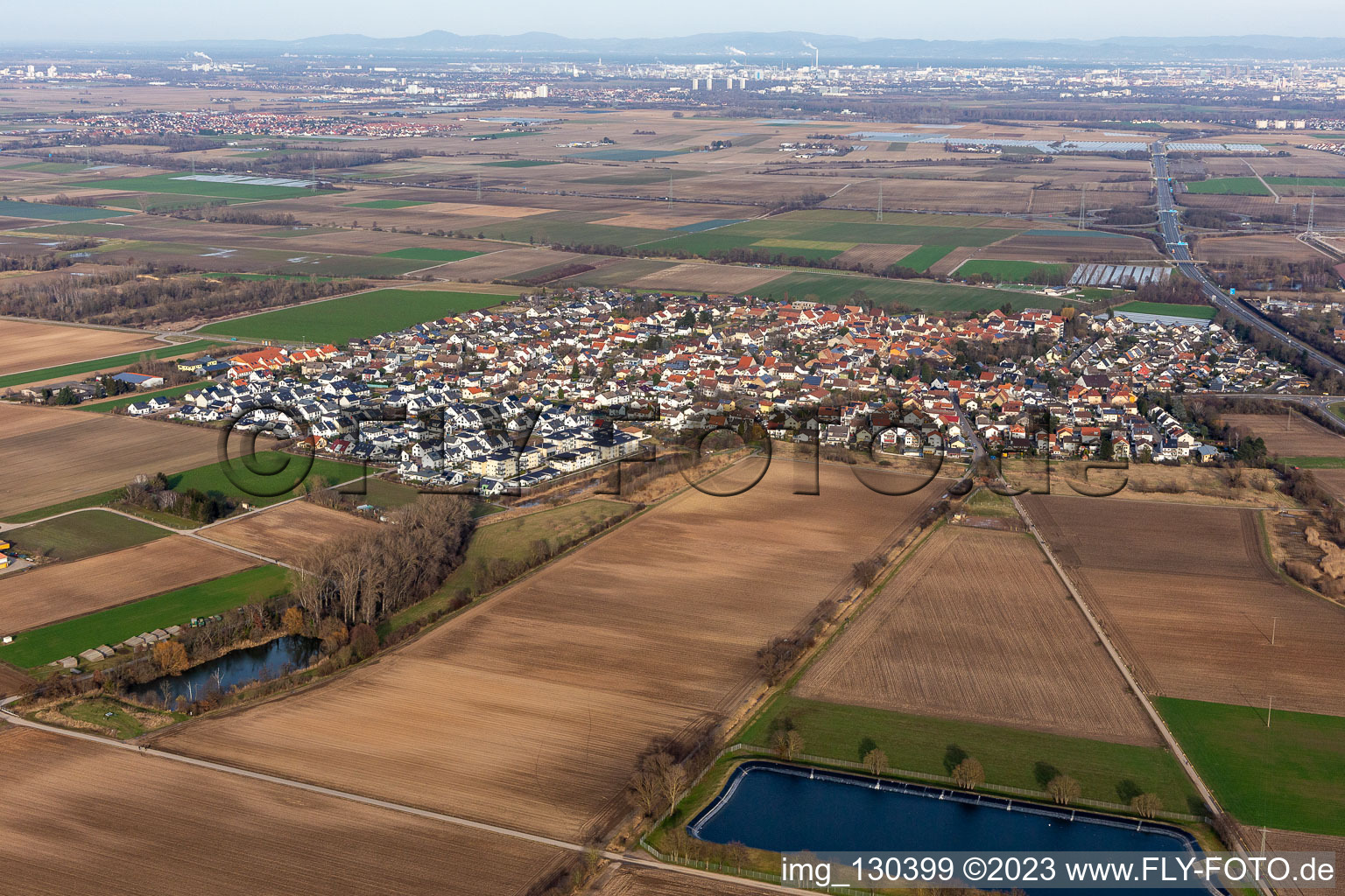 Aerial view of District Schauernheim in Dannstadt-Schauernheim in the state Rhineland-Palatinate, Germany