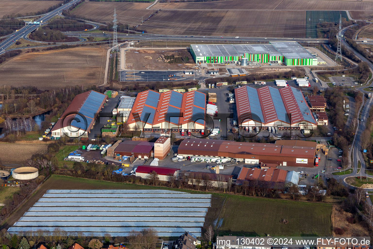 Aerial view of Palatinate market for fruit and vegetables in the district Dannstadt in Dannstadt-Schauernheim in the state Rhineland-Palatinate, Germany