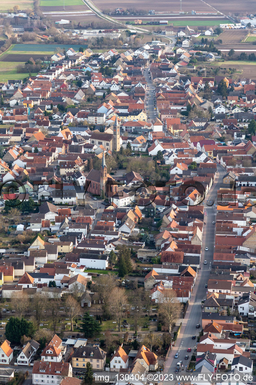 Aerial view of Main Street Dannstadt in the district Dannstadt in Dannstadt-Schauernheim in the state Rhineland-Palatinate, Germany