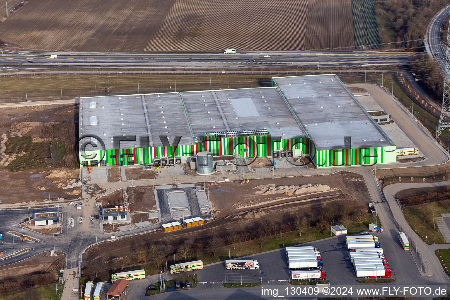 Aerial view of New building of the Pfalzmarkt for fruit and vegetables in Mutterstadt in the state Rhineland-Palatinate, Germany