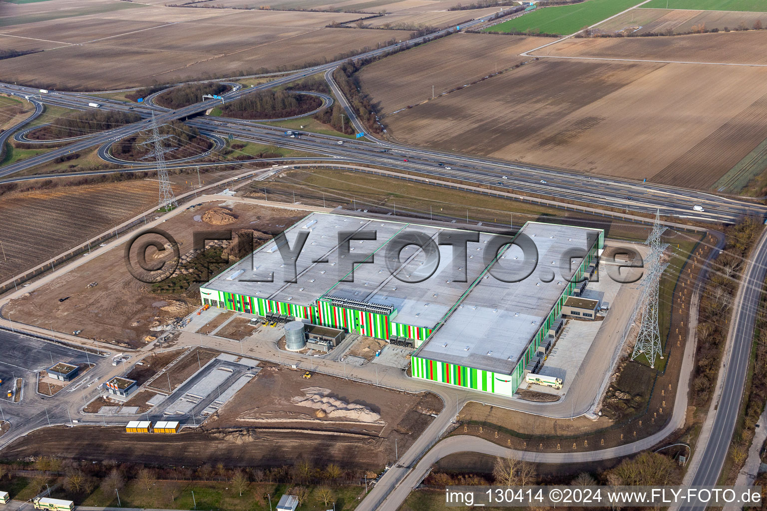 Aerial photograpy of New building of the Pfalzmarkt for fruit and vegetables in Mutterstadt in the state Rhineland-Palatinate, Germany